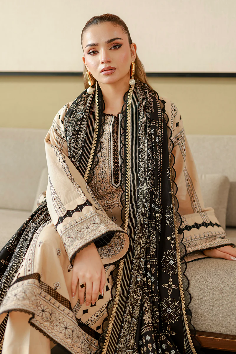 Chikankari Embroidered Cotton 3 Piece in Beige Color