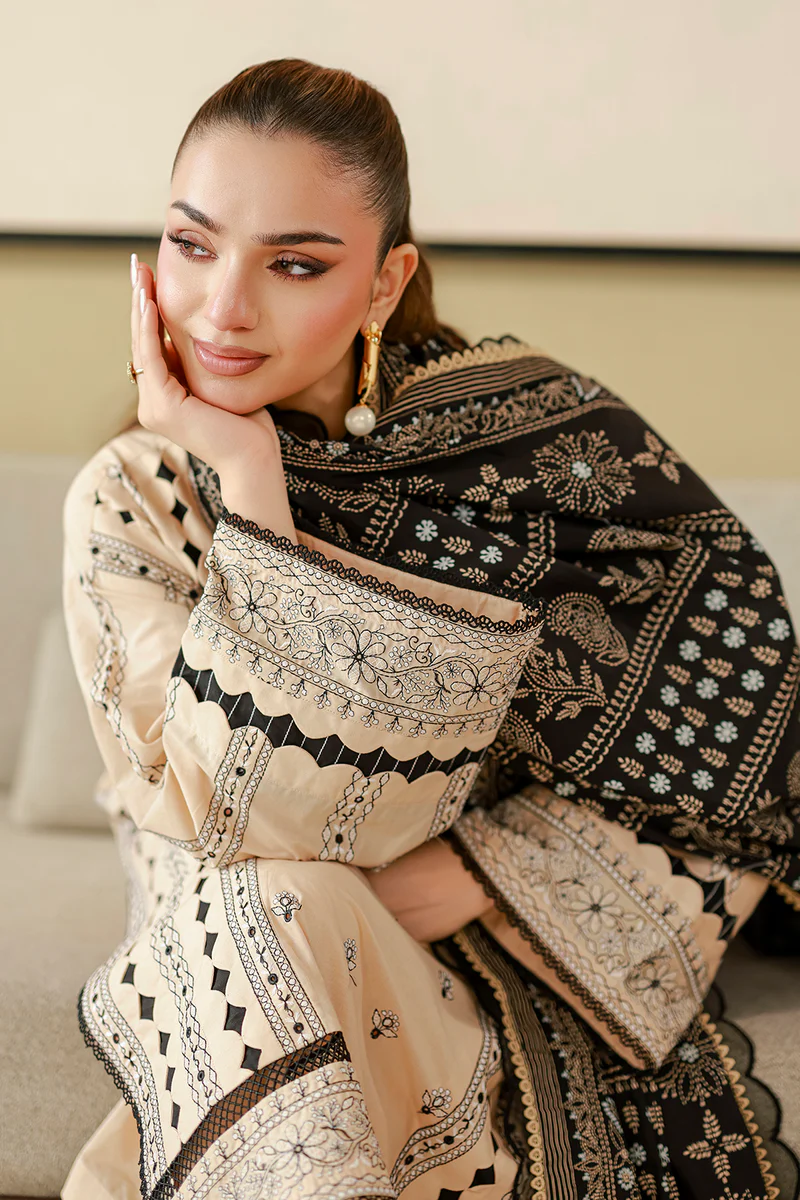 Chikankari Embroidered Cotton 3 Piece in Beige Color