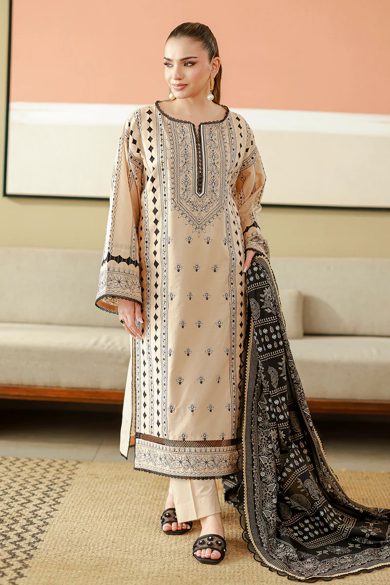 Chikankari Embroidered Cotton 3 Piece in Beige Color
