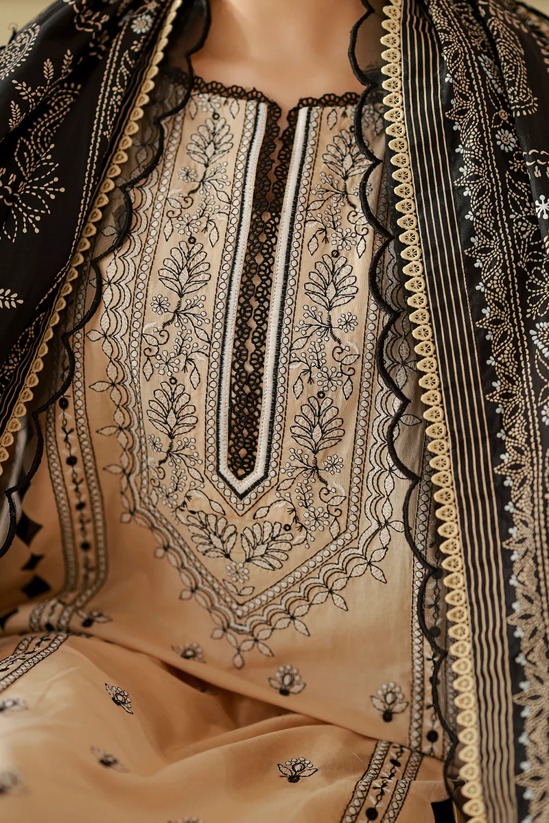 Chikankari Embroidered Cotton 3 Piece in Beige Color