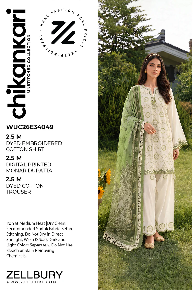 Chikankari Embroidered Cotton 3 Piece WUC26E34049