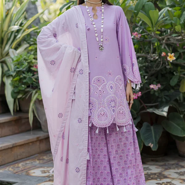Chikankari Embroidered Cotton 3 Piece in Lilac Color