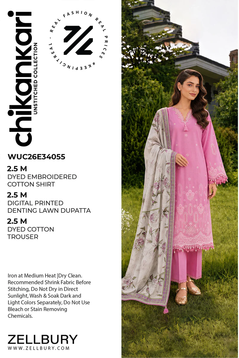 Chikankari Embroidered Cotton 3 Piece WUC26E34055