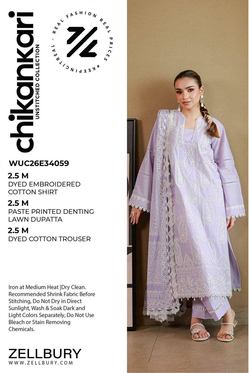 Chikankari Embroidered Cotton 3 Piece in Lilac Color