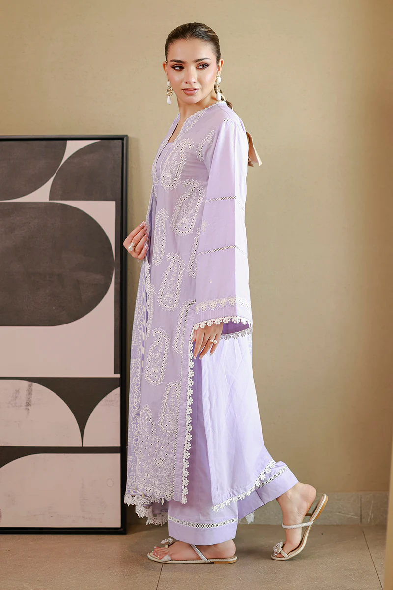 Chikankari Embroidered Cotton 3 Piece in Lilac Color
