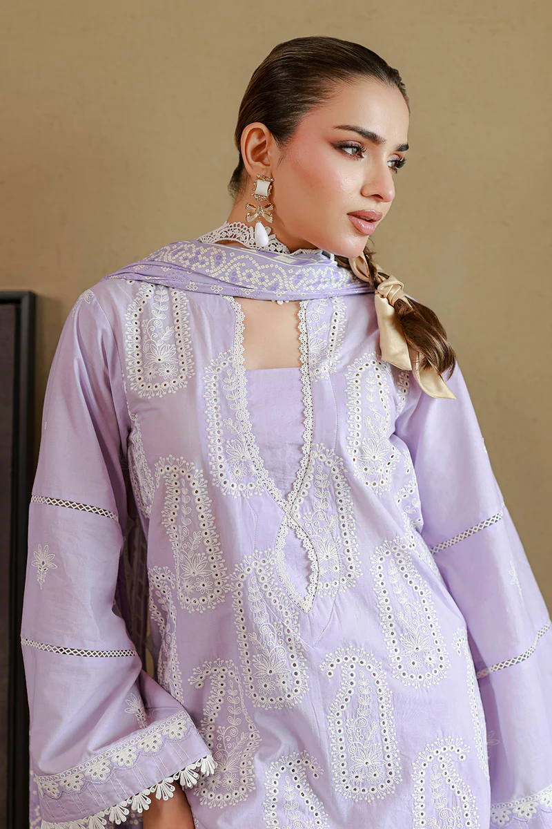 Chikankari Embroidered Cotton 3 Piece in Lilac Color - Image 5