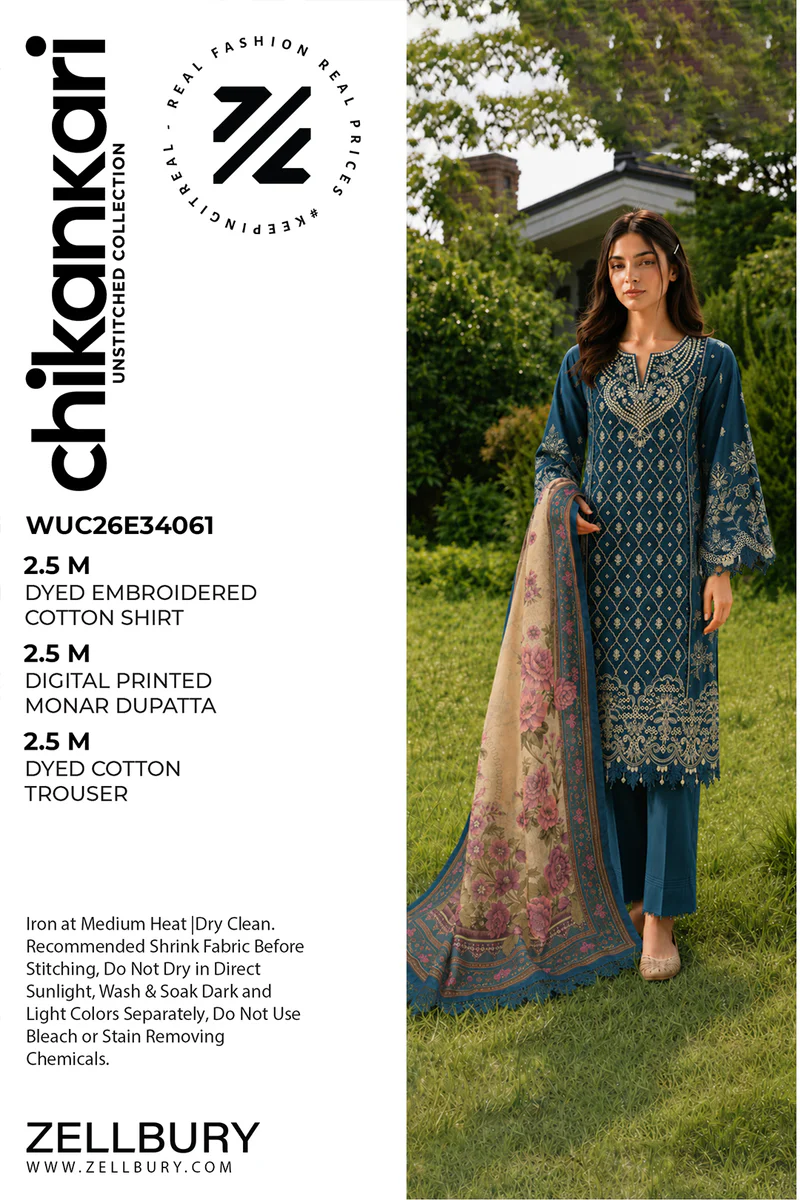 Chikankari Embroidred Cotton 3 Piece WUC26E34061