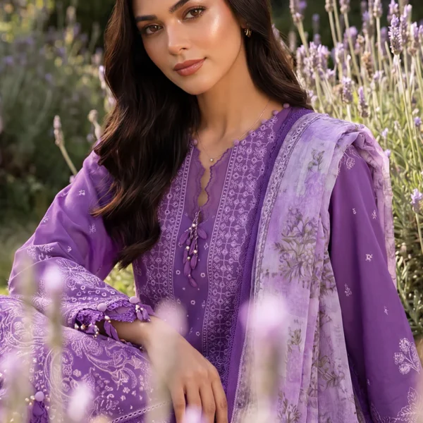 Chikankari Embroidered Cotton 3 Piece in Purple WUC26E34074