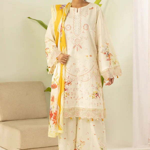 Embroidered Lawn 3 Piece in Off White Color