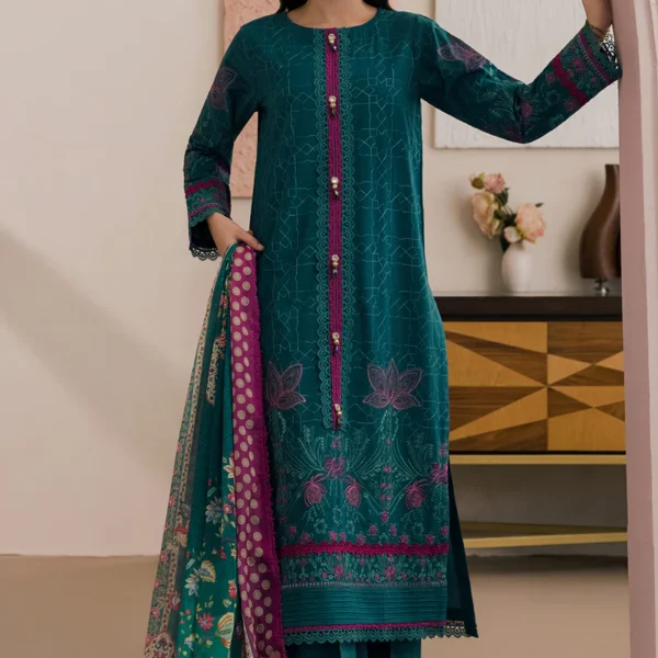 Chikankari Embroidered Cotton 3 Piece in Green Color