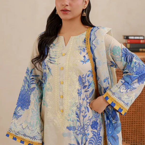 Embroidered Lawn 3 Piece in Off White Color