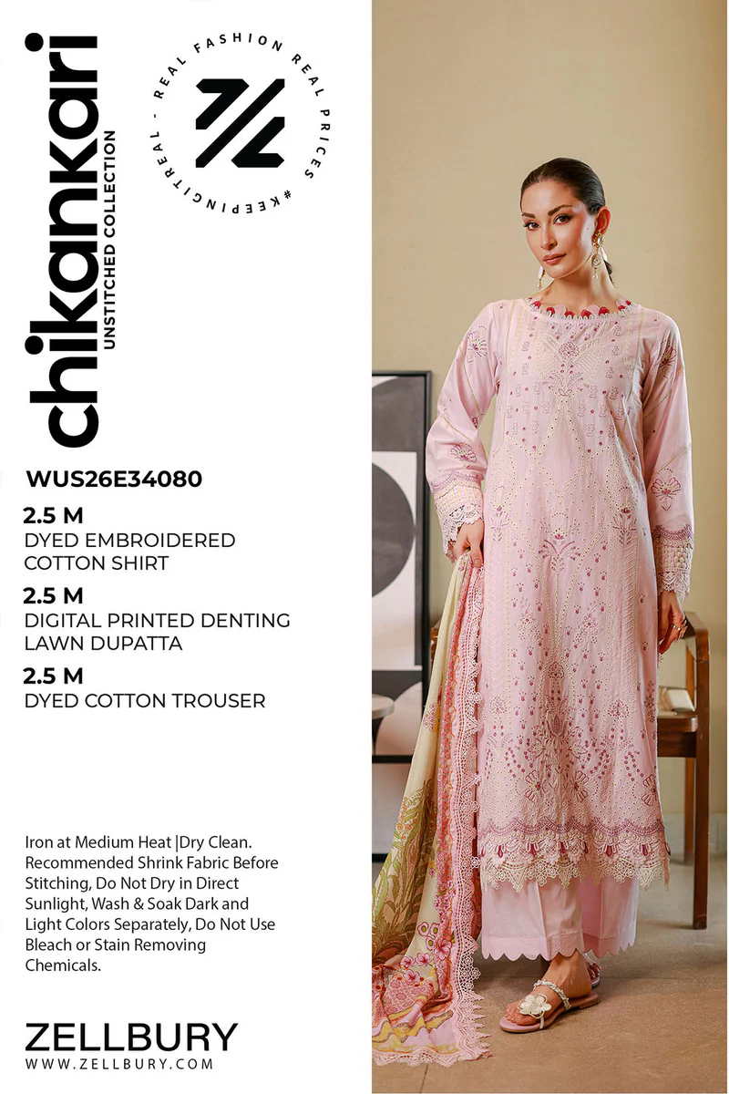 Chikankari Embroidered Cotton 3 Piece in Baby Pink Color