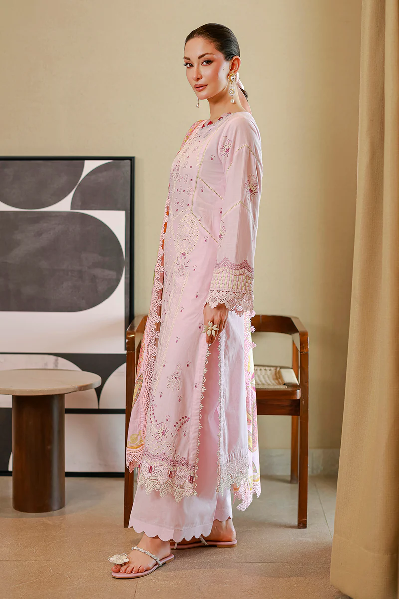 Chikankari Embroidered Cotton 3 Piece in Baby Pink Color
