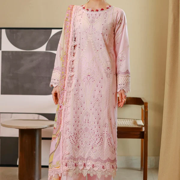 Chikankari Embroidered Cotton 3 Piece in Baby Pink Color