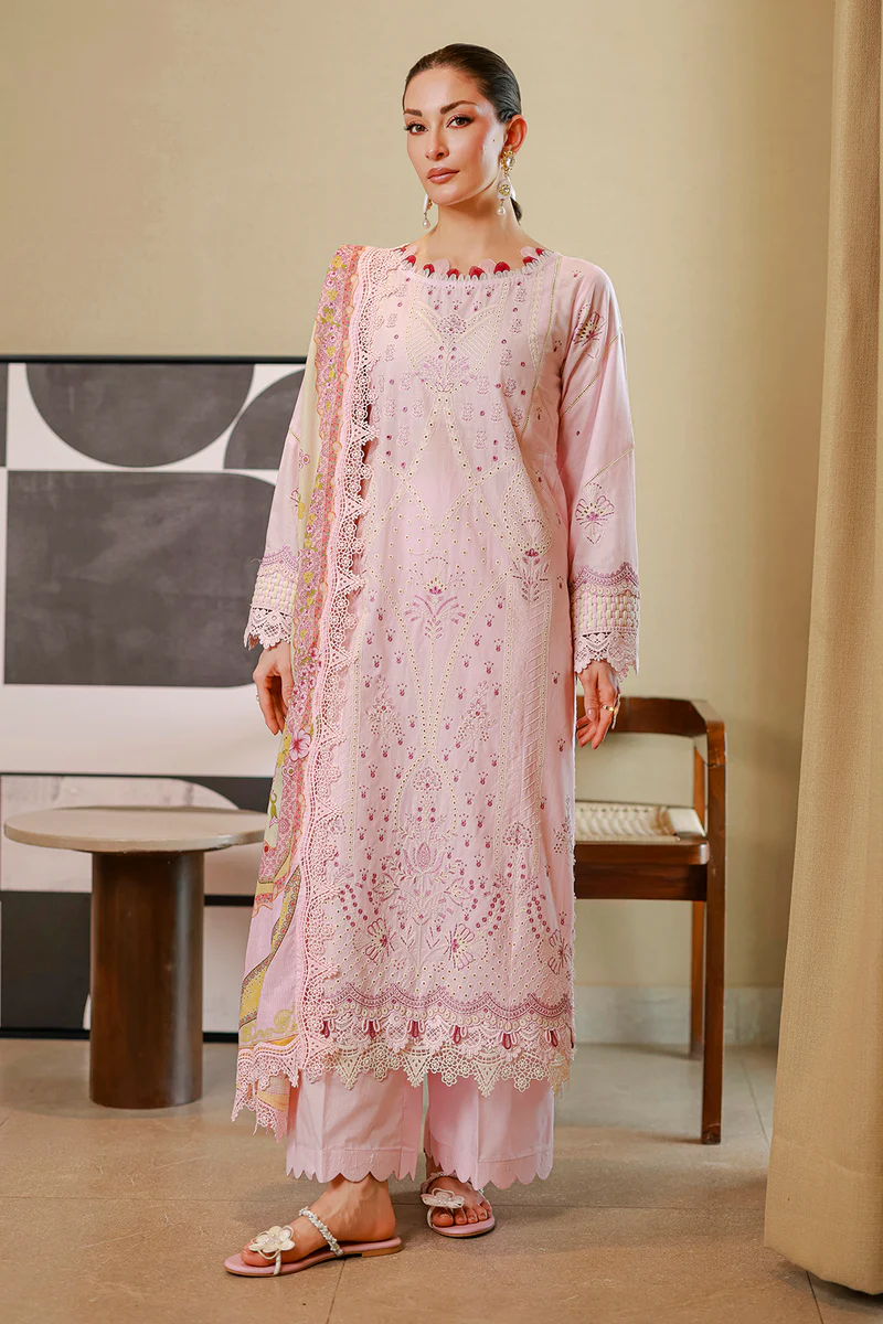 Chikankari Embroidered Cotton 3 Piece in Baby Pink Color