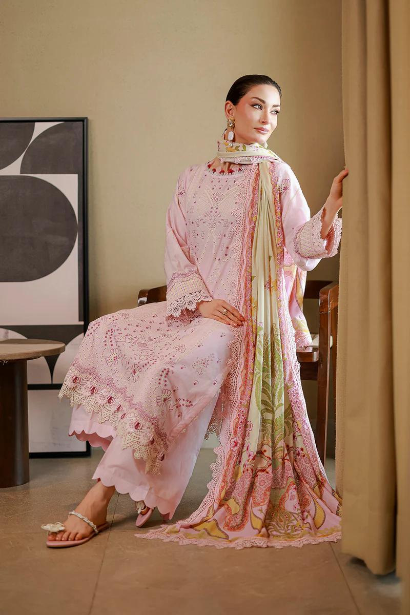 Chikankari Embroidered Cotton 3 Piece in Baby Pink Color