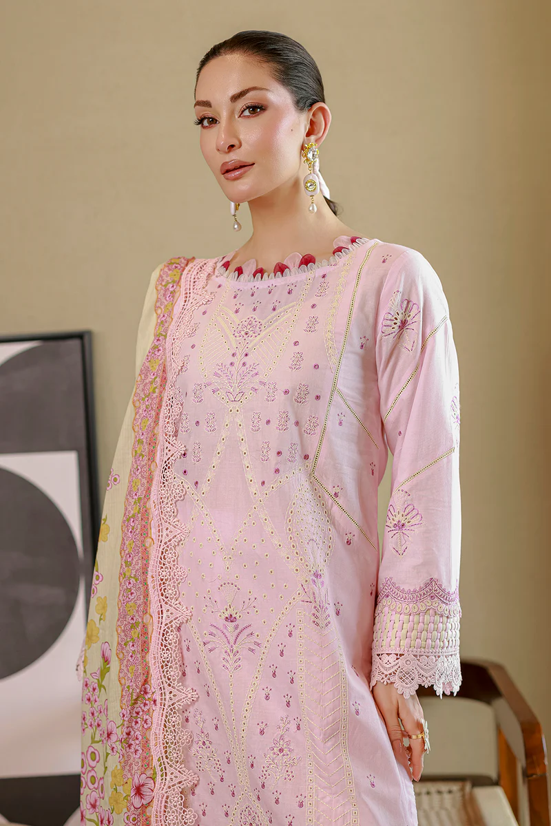 Chikankari Embroidered Cotton 3 Piece in Baby Pink Color