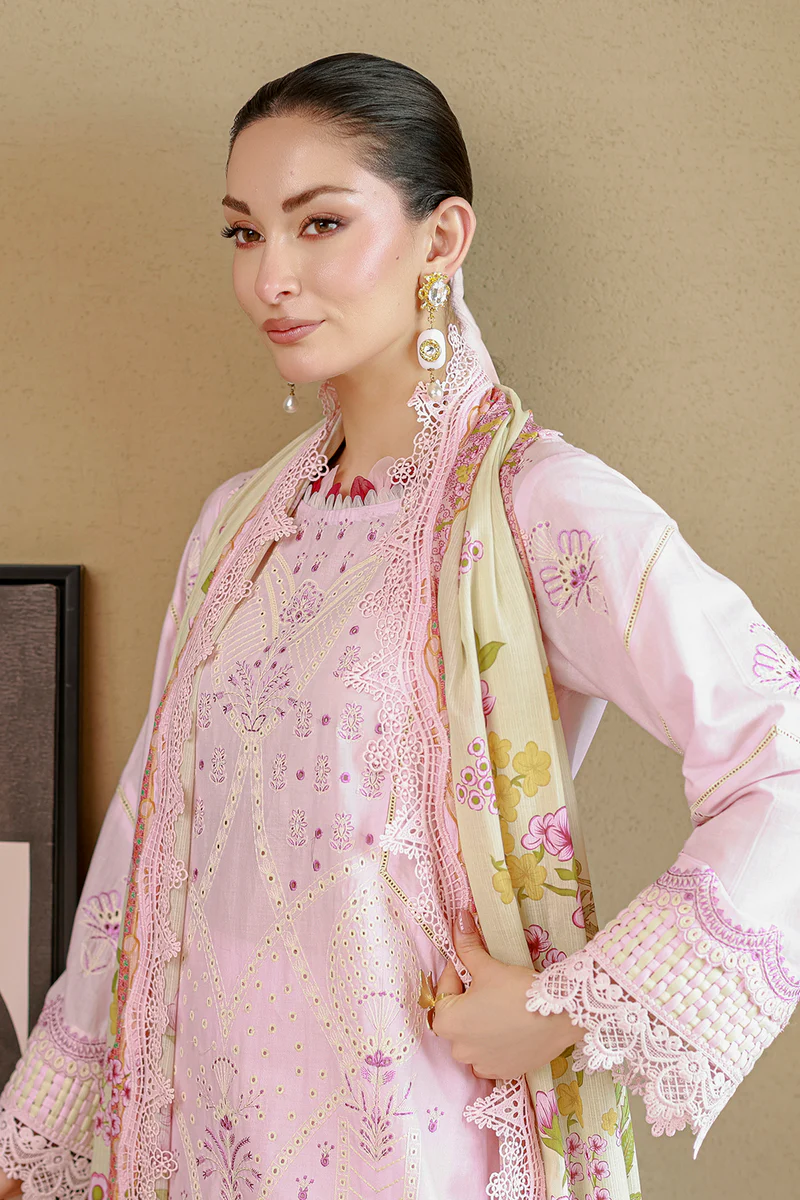 Chikankari Embroidered Cotton 3 Piece in Baby Pink Color