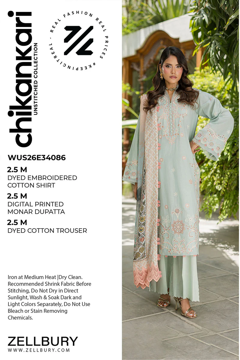Chikankari Embroidered Cotton 3 Piece in Slate Color