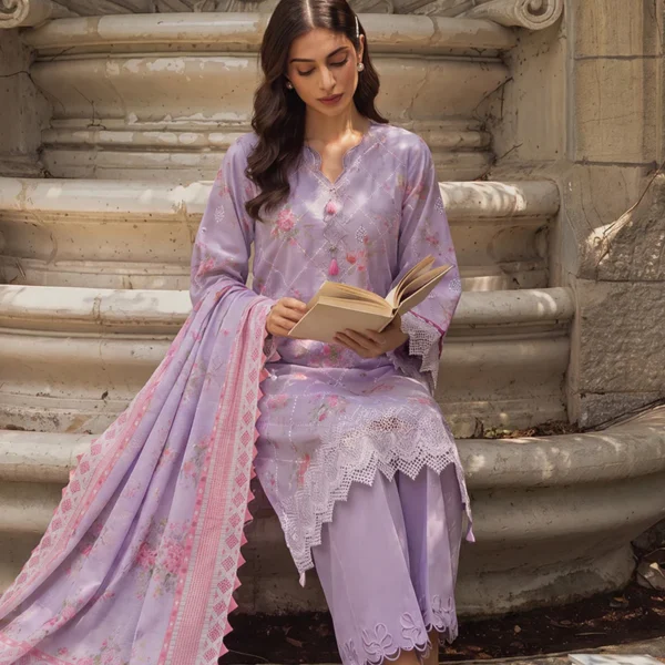 Chikankari Embroidered Cotton 3 Piece in Lilac Color WUS26E34097