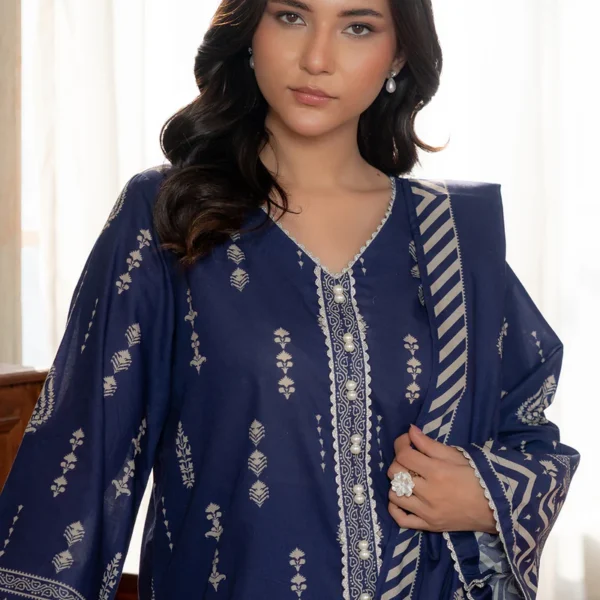 Printed Lawn 3 Piece in Navy Blue Color