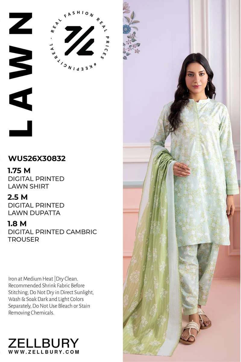 Printed Lawn 3 Piece in Mint Blue Color