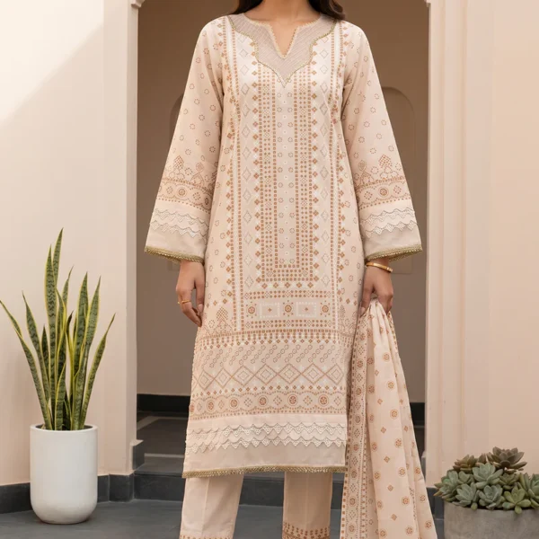 Printed Lawn 3 Piece in Off White Color
