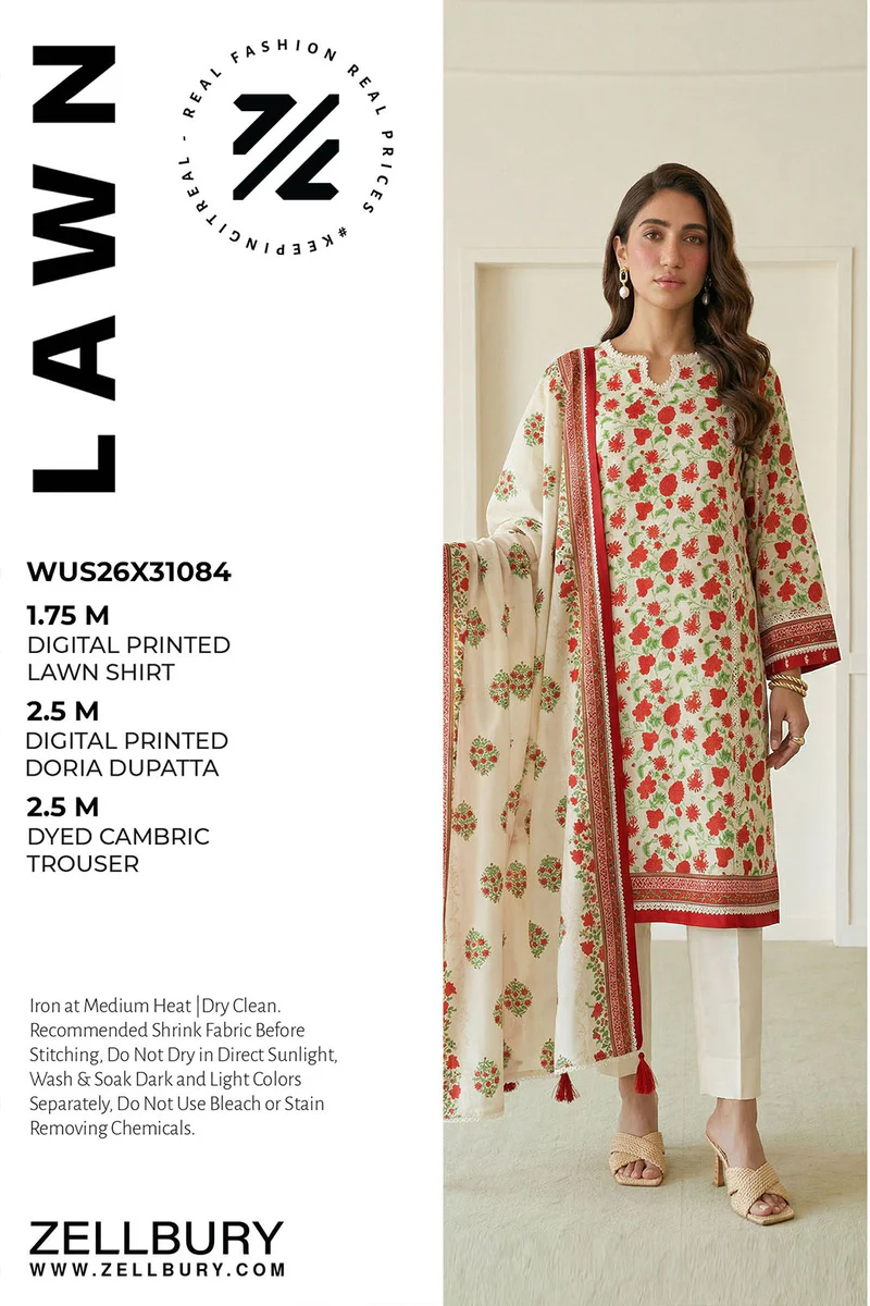 Printed Lawn 3 Piece in Off White Color