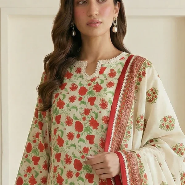 Printed Lawn 3 Piece in Off White Color