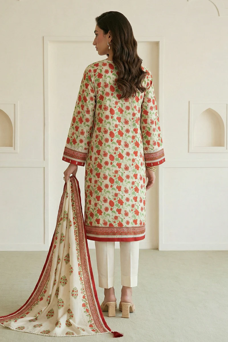 Printed Lawn 3 Piece in Off White Color