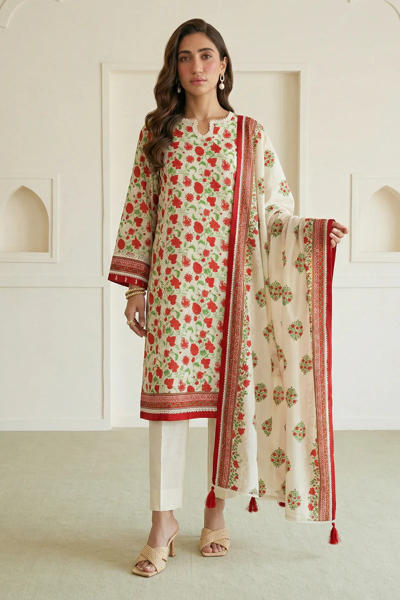 Printed Lawn 3 Piece in Off White Color