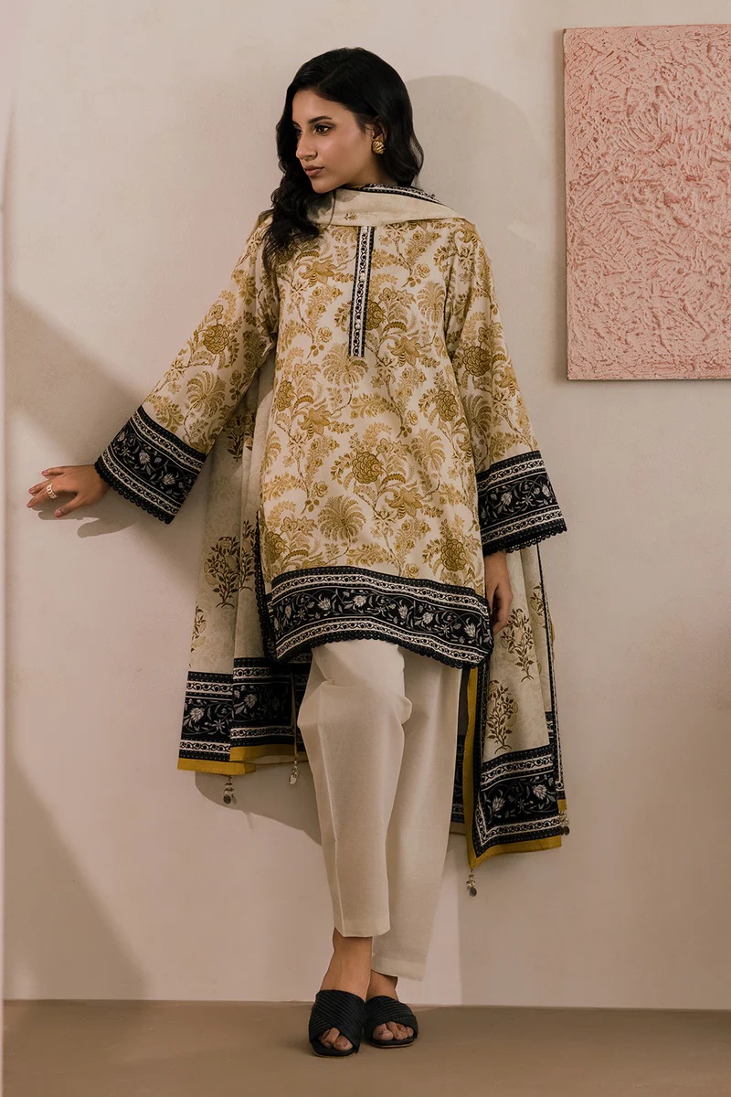 Printed Dobby Lawn 3 Piece in Beige Color