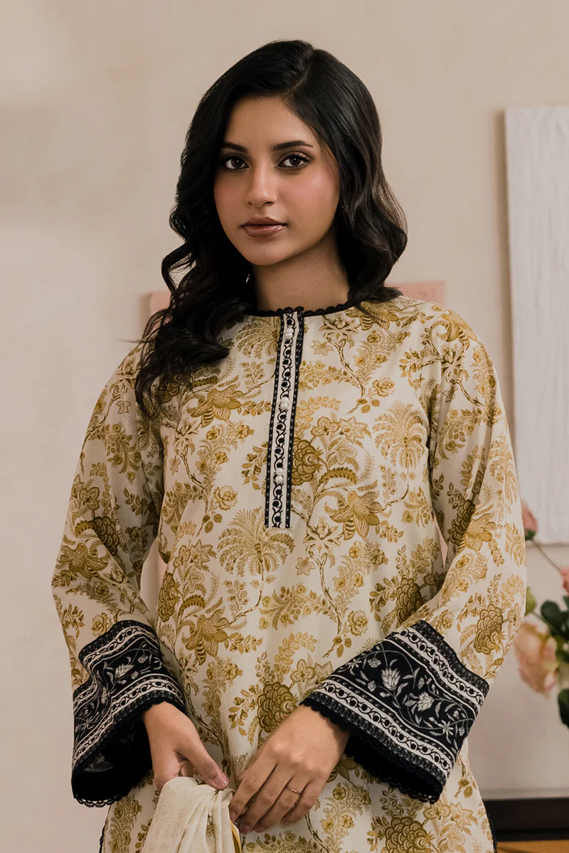 Printed Dobby Lawn 3 Piece in Beige Color