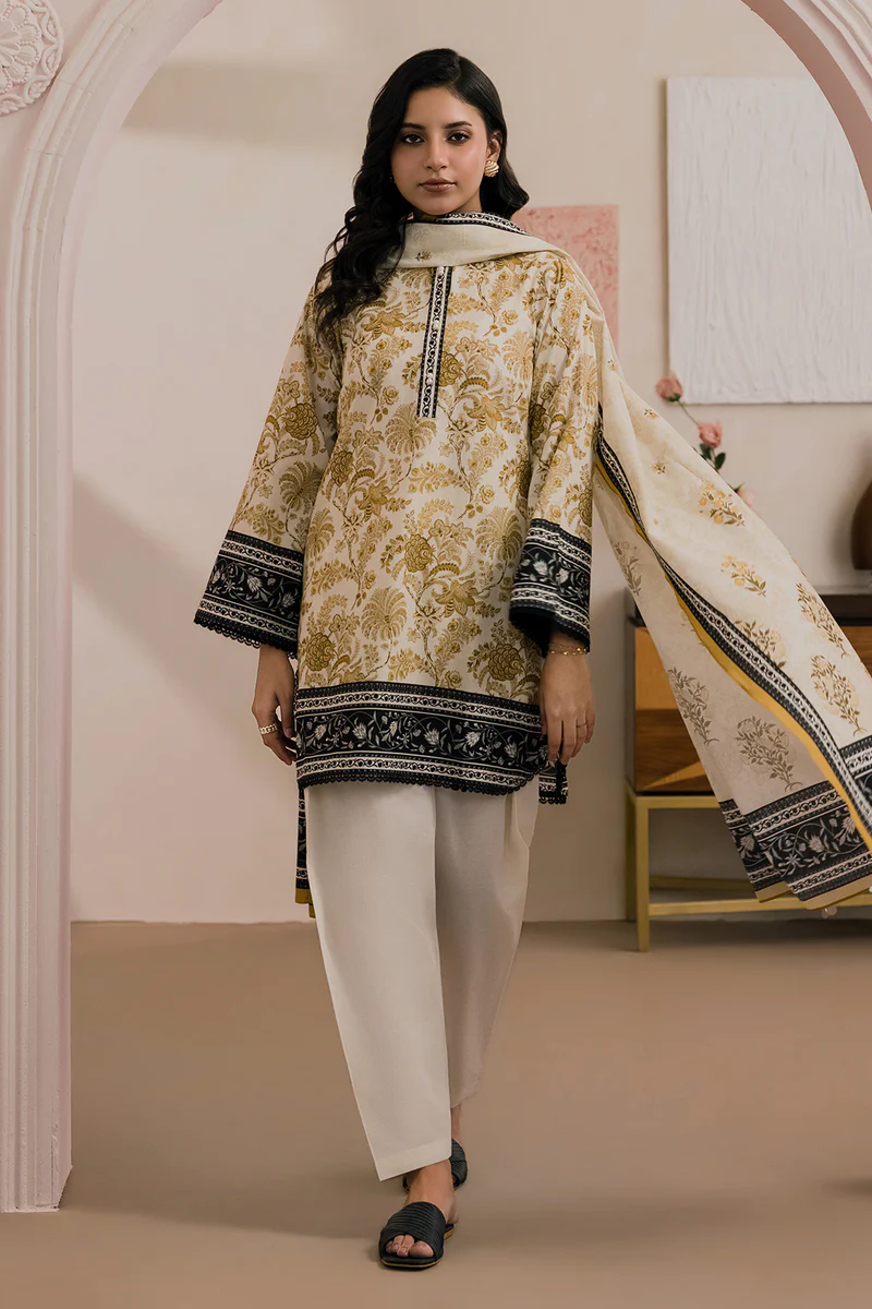 Printed Dobby Lawn 3 Piece in Beige Color