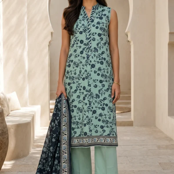 Printed Lawn 3 Piece in Sage Green Color