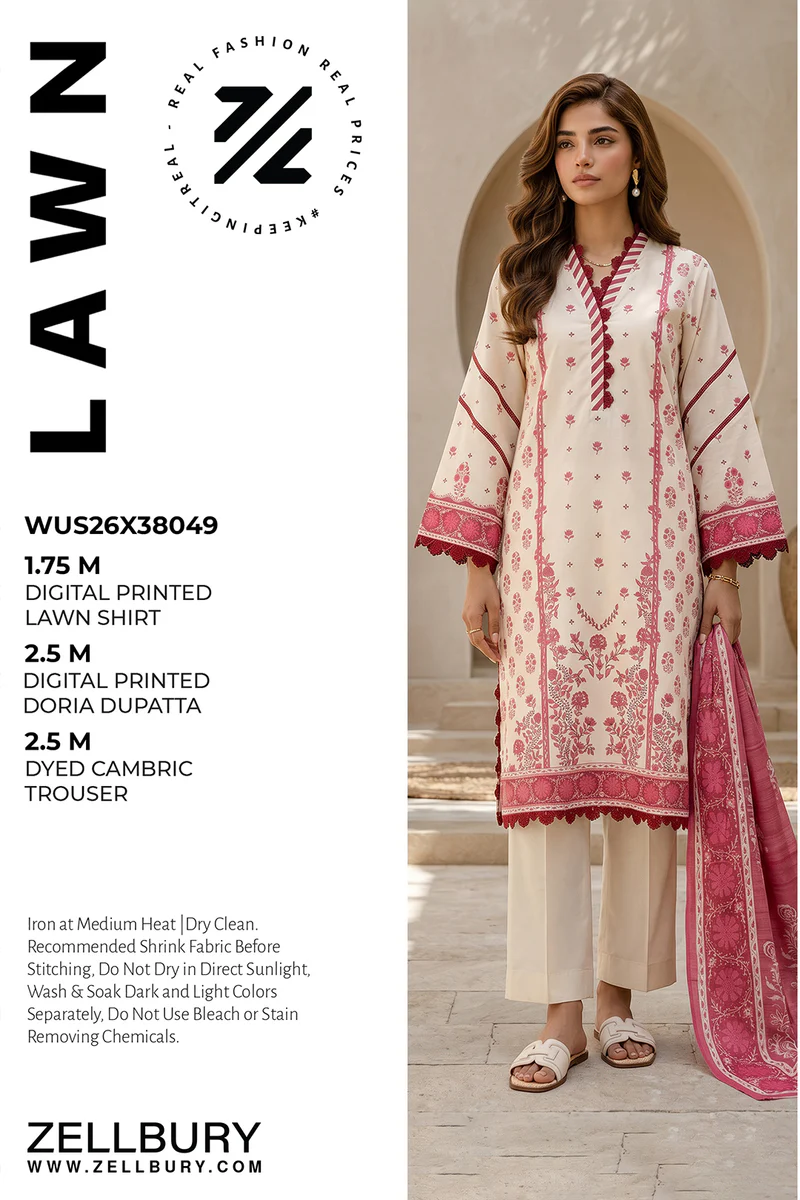Printed Lawn 3 Piece in Deep Pink Color