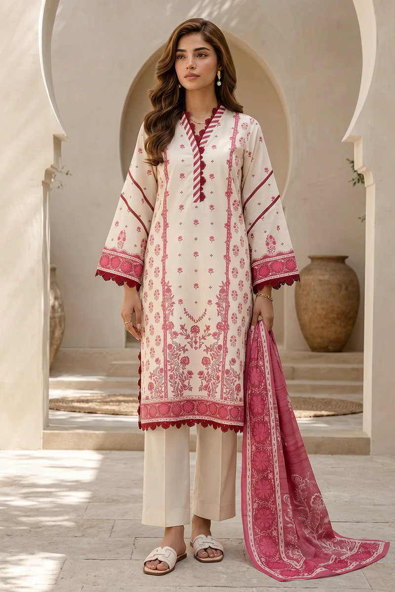 Printed Lawn 3 Piece in Deep Pink Color