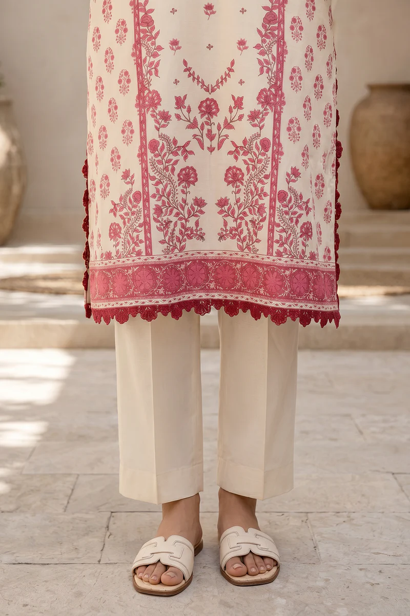 Printed Lawn 3 Piece in Deep Pink Color
