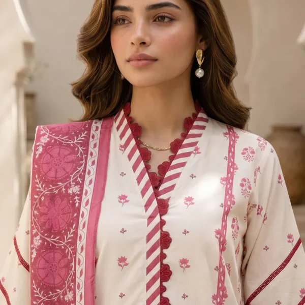 Printed Lawn 3 Piece in Deep Pink Color