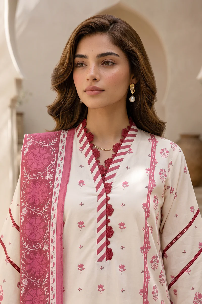 Printed Lawn 3 Piece in Deep Pink Color