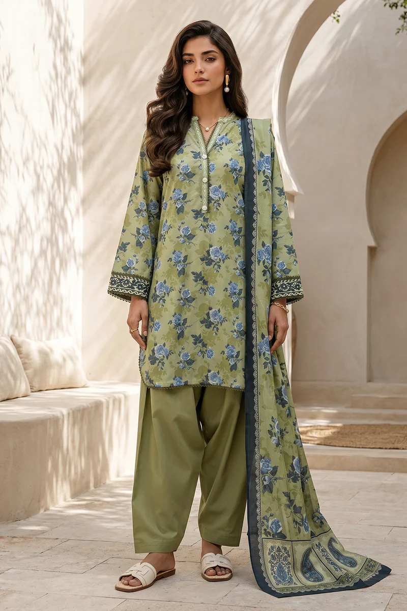 Printed Lawn 3 Piece in Green Color - Image 3