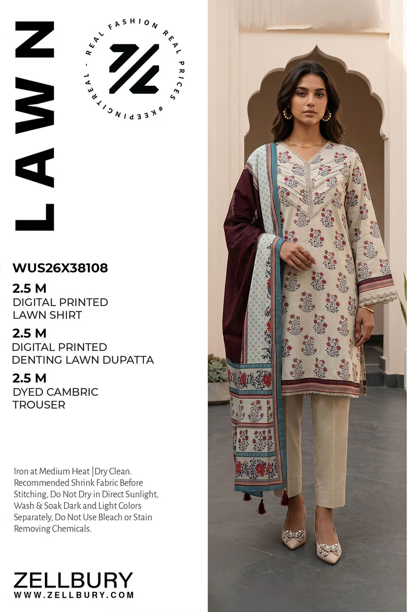 Printed Lawn 3 Piece in Beige Color