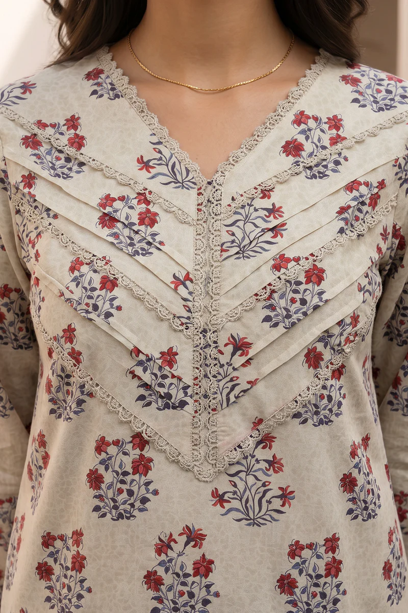 Printed Lawn 3 Piece in Beige Color
