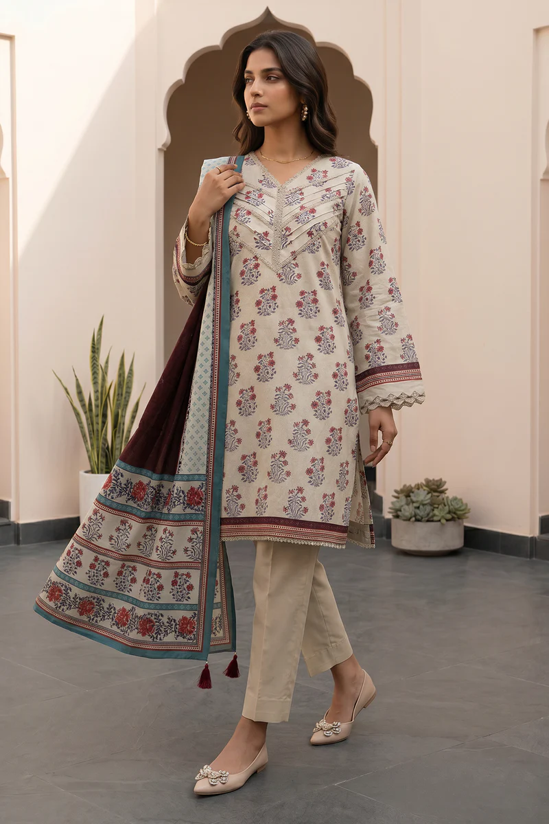 Printed Lawn 3 Piece in Beige Color