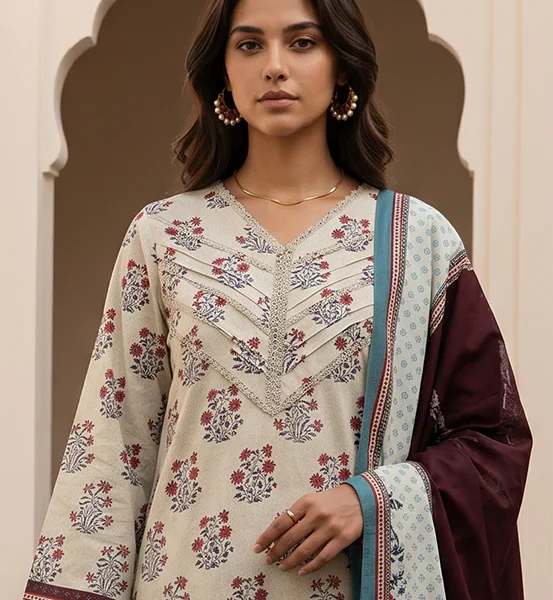 Printed Lawn 3 Piece in Beige Color