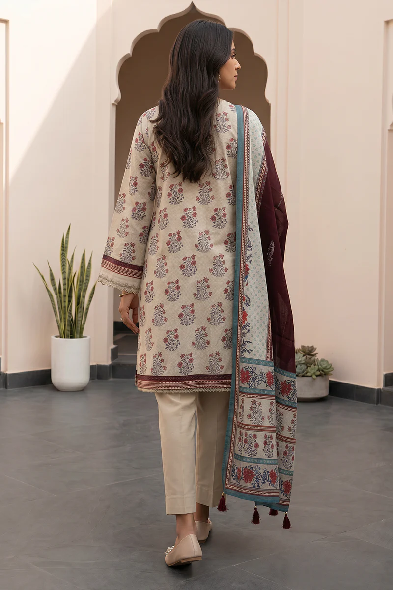 Printed Lawn 3 Piece in Beige Color